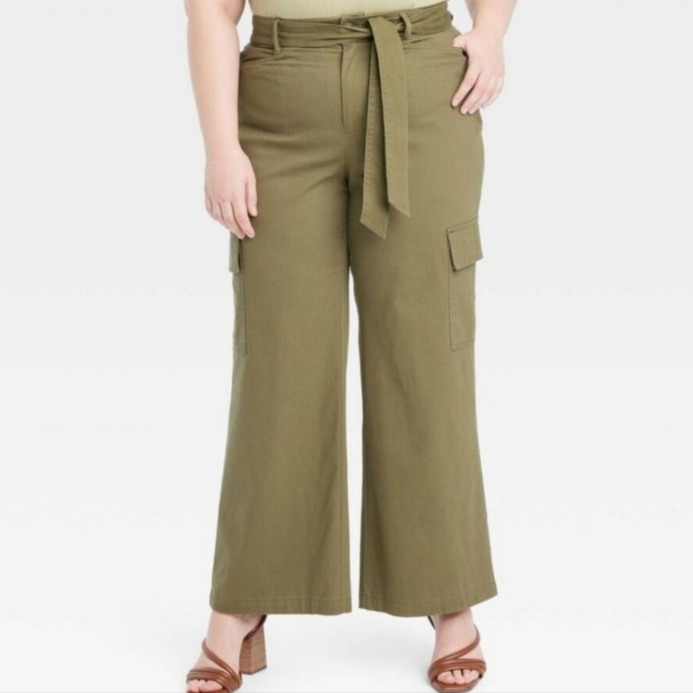 Ava & Viv Womens Plus High Rise Regular Wide-Leg Cargo Pants Olive Green - 17